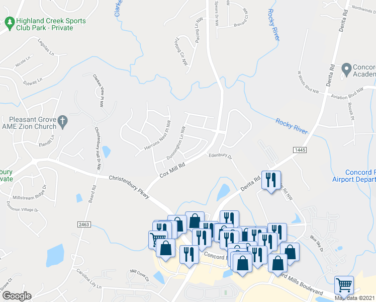 map of restaurants, bars, coffee shops, grocery stores, and more near 2239 Eversham Drive Northwest in Concord