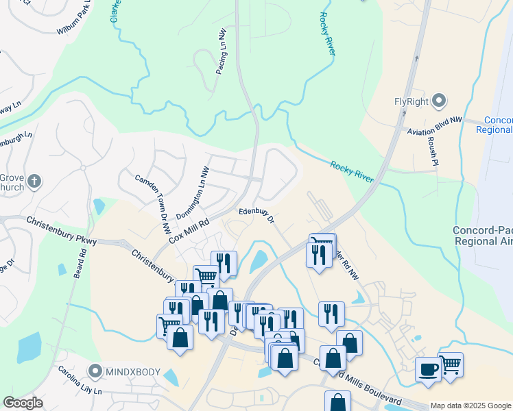 map of restaurants, bars, coffee shops, grocery stores, and more near 2154 Barrowcliffe Drive Northwest in Concord
