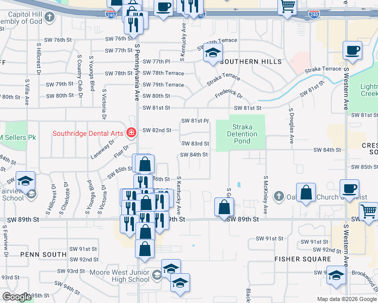 map of restaurants, bars, coffee shops, grocery stores, and more near 1501 Southwest 84th Street in Oklahoma City