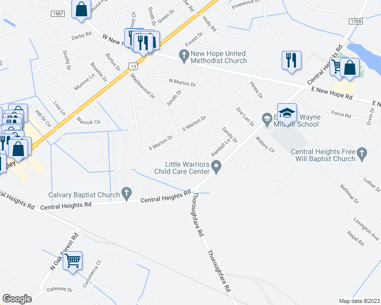 map of restaurants, bars, coffee shops, grocery stores, and more near 103 Sanborn Place in Goldsboro