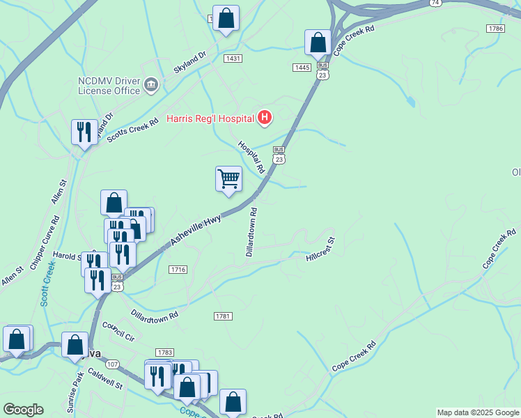 map of restaurants, bars, coffee shops, grocery stores, and more near 830 Asheville Highway in Sylva