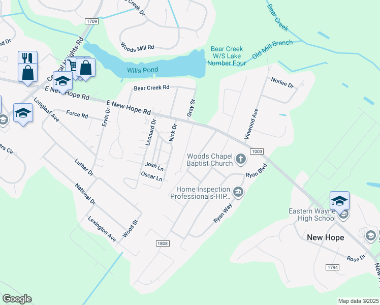 map of restaurants, bars, coffee shops, grocery stores, and more near 204 Douglas Street in Goldsboro