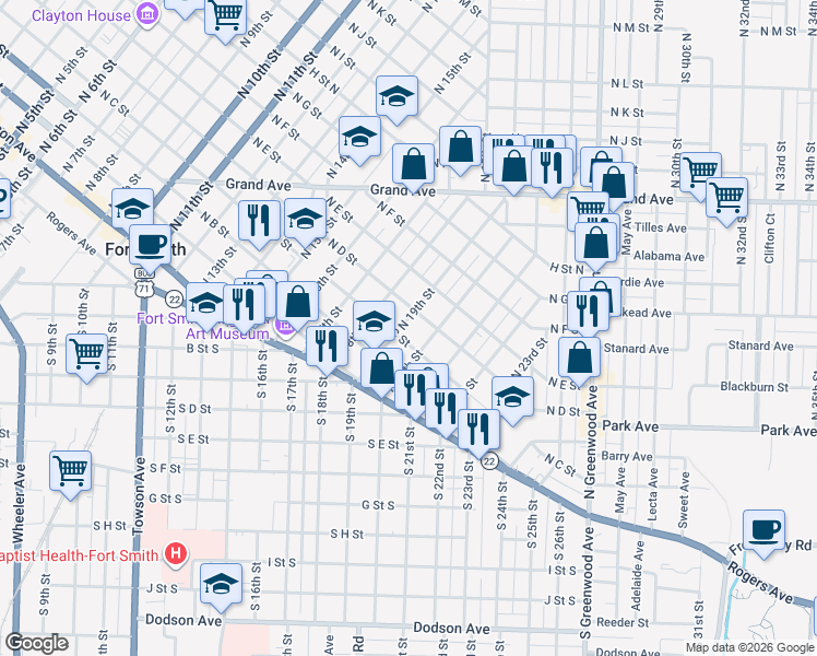 map of restaurants, bars, coffee shops, grocery stores, and more near 1910 South D Street in Fort Smith