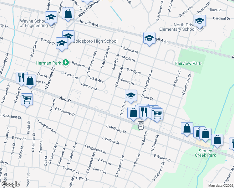 map of restaurants, bars, coffee shops, grocery stores, and more near 1503 East Rose Street in Goldsboro