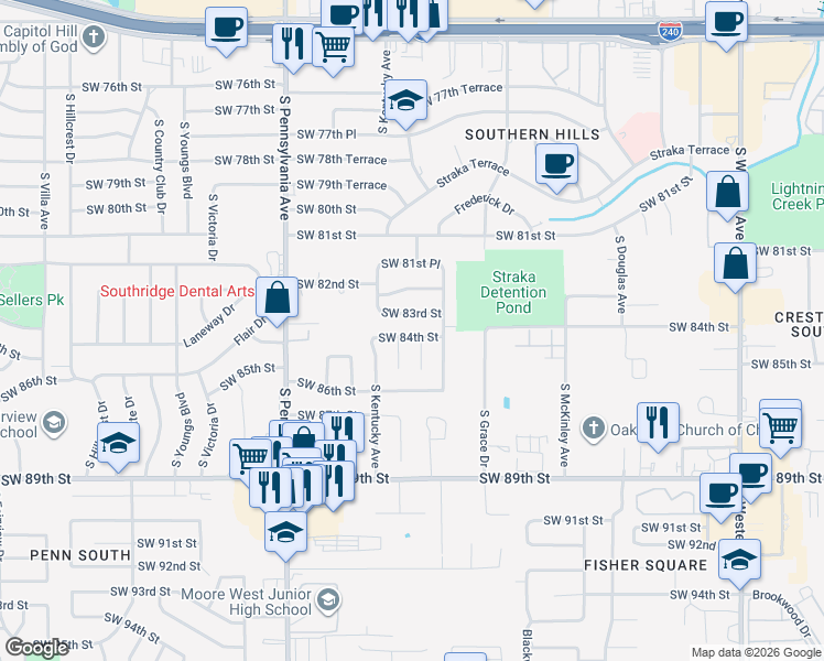 map of restaurants, bars, coffee shops, grocery stores, and more near 1501 Southwest 84th Street in Oklahoma City