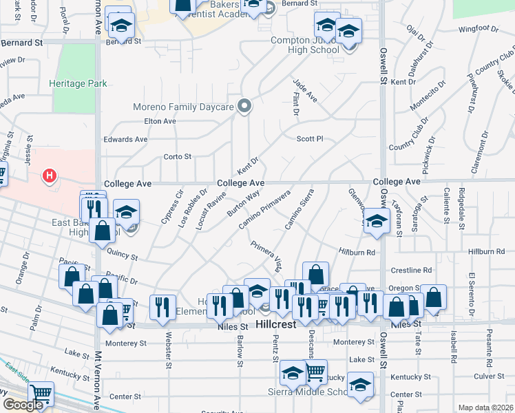 map of restaurants, bars, coffee shops, grocery stores, and more near 1756 Camino Primavera in Bakersfield