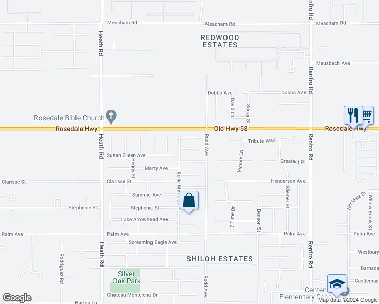 map of restaurants, bars, coffee shops, grocery stores, and more near 15417 Lila Rose Court in Bakersfield