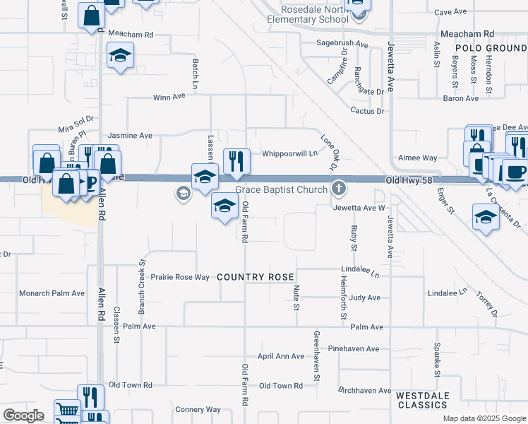 map of restaurants, bars, coffee shops, grocery stores, and more near 11916 Handel Avenue in Bakersfield