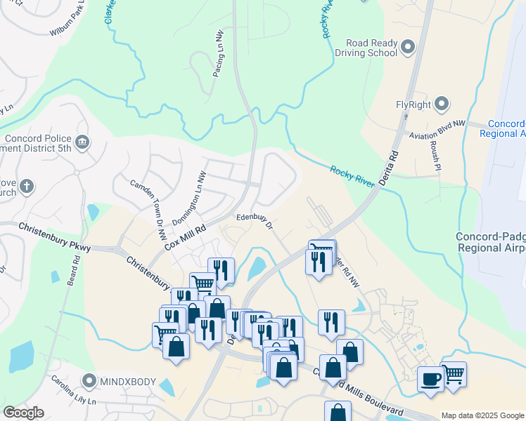 map of restaurants, bars, coffee shops, grocery stores, and more near 2363 Barrowcliffe Drive Northwest in Concord