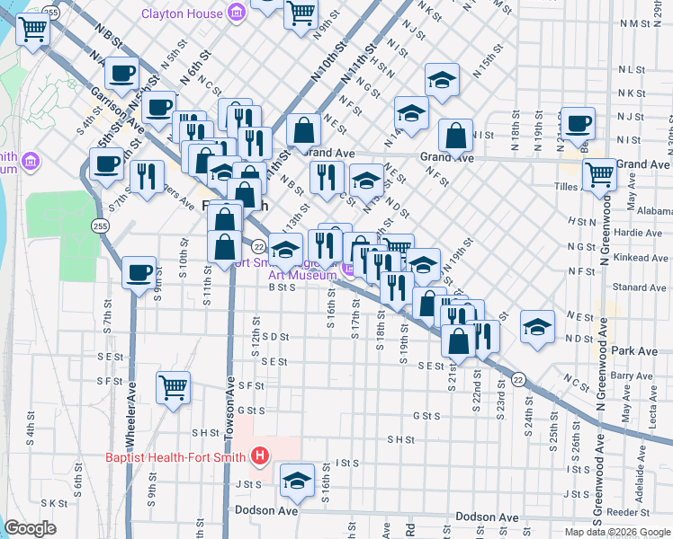 map of restaurants, bars, coffee shops, grocery stores, and more near 1521 Rogers Avenue in Fort Smith