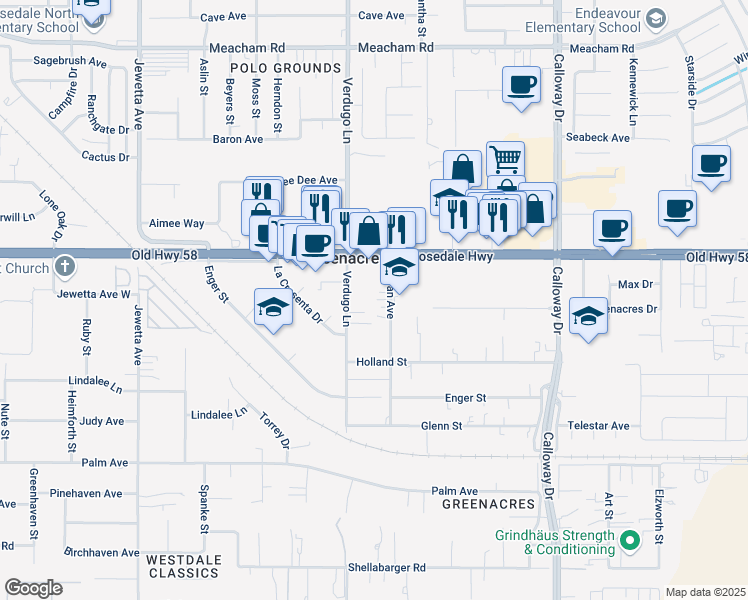map of restaurants, bars, coffee shops, grocery stores, and more near 2505 Dean Avenue in Bakersfield