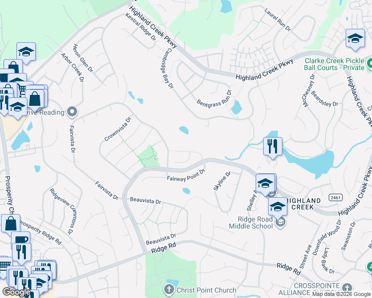 map of restaurants, bars, coffee shops, grocery stores, and more near 7006 Ravencrest Drive in Charlotte