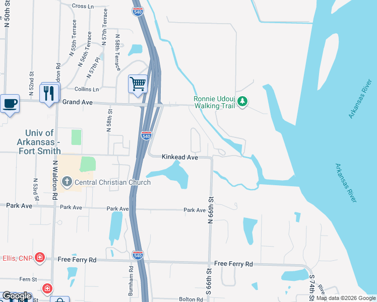 map of restaurants, bars, coffee shops, grocery stores, and more near 65 Jeffrey Way in Fort Smith