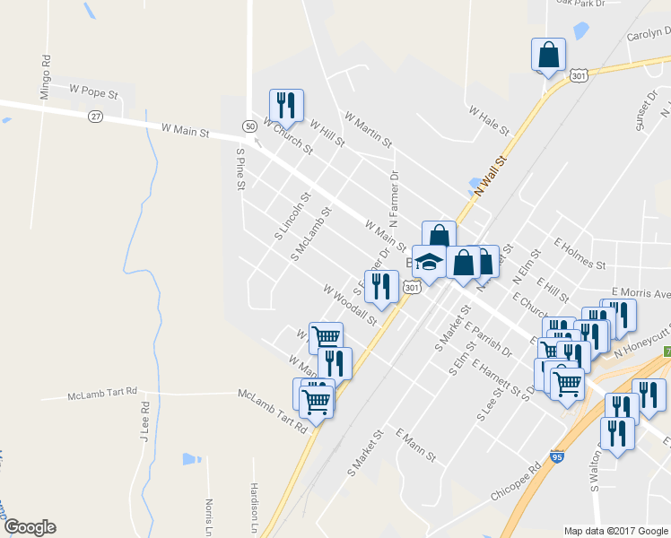 map of restaurants, bars, coffee shops, grocery stores, and more near 309 West Harnett Street in Benson