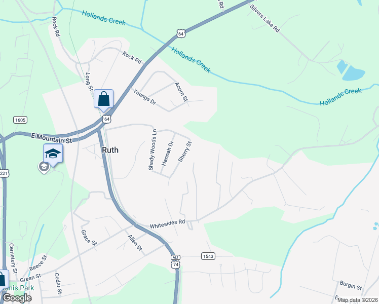 map of restaurants, bars, coffee shops, grocery stores, and more near 231 Sherry Street in Rutherfordton