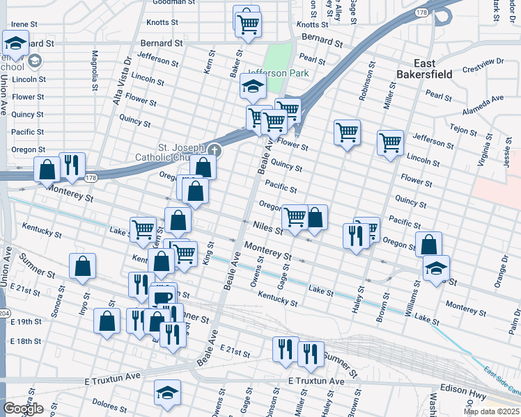 map of restaurants, bars, coffee shops, grocery stores, and more near 1319 Beale Avenue in Bakersfield