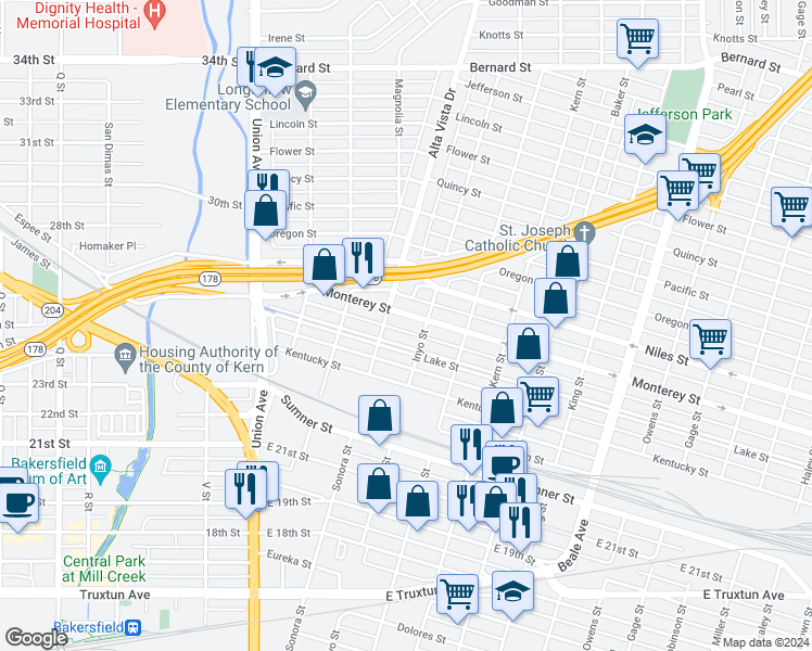 map of restaurants, bars, coffee shops, grocery stores, and more near 325 Monterey Street in Bakersfield
