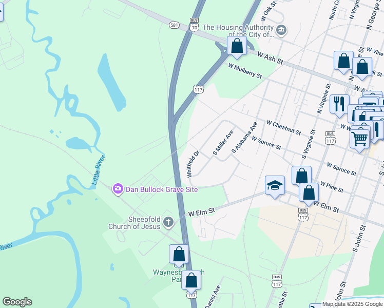 map of restaurants, bars, coffee shops, grocery stores, and more near 405 Whitfield Drive in Goldsboro