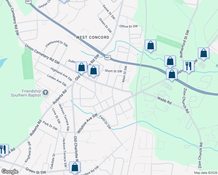 map of restaurants, bars, coffee shops, grocery stores, and more near 634 Union Cemetery Road Southwest in Concord