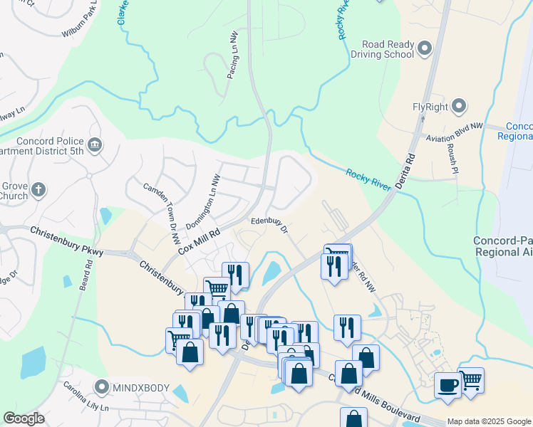 map of restaurants, bars, coffee shops, grocery stores, and more near 2363 Barrowcliffe Drive Northwest in Concord