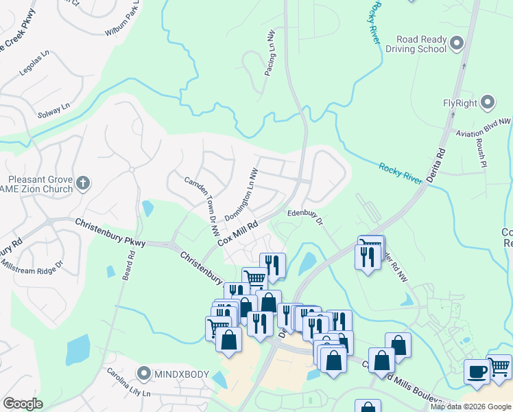 map of restaurants, bars, coffee shops, grocery stores, and more near 2258 Eversham Drive Northwest in Concord