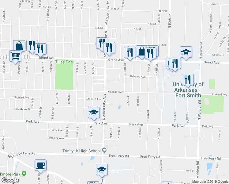 map of restaurants, bars, coffee shops, grocery stores, and more near 530 North Albert Pike Avenue in Fort Smith