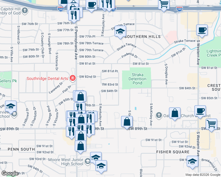 map of restaurants, bars, coffee shops, grocery stores, and more near 1501 Southwest 84th Street in Oklahoma City