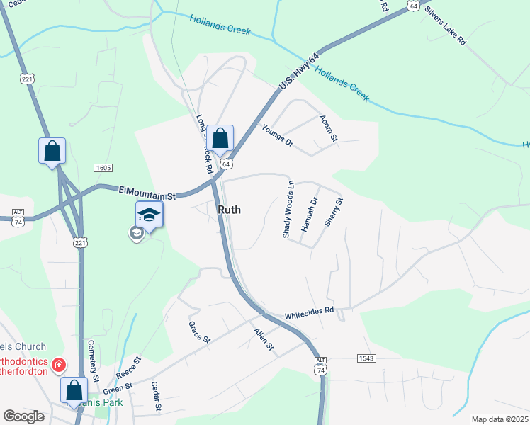 map of restaurants, bars, coffee shops, grocery stores, and more near 207 Hardy Drive in Rutherfordton