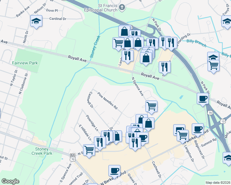 map of restaurants, bars, coffee shops, grocery stores, and more near 607 Brookwood Lane in Goldsboro