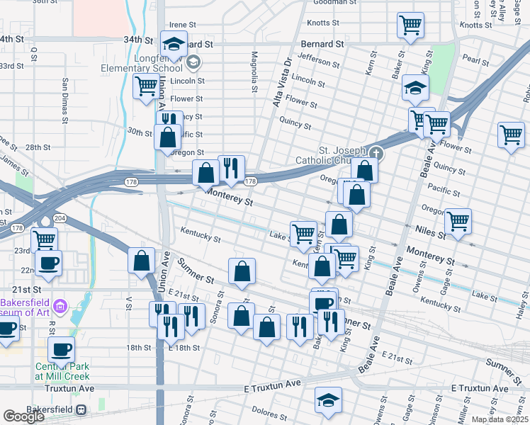 map of restaurants, bars, coffee shops, grocery stores, and more near 325 Monterey Street in Bakersfield
