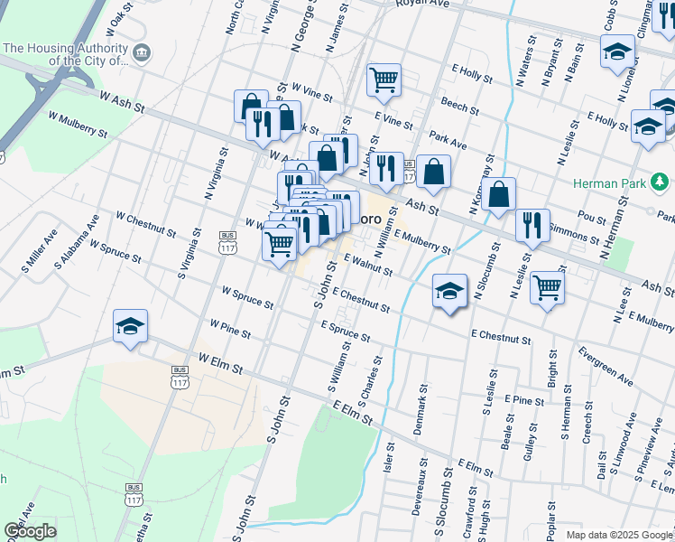 map of restaurants, bars, coffee shops, grocery stores, and more near 109 South Ormond Avenue in Goldsboro