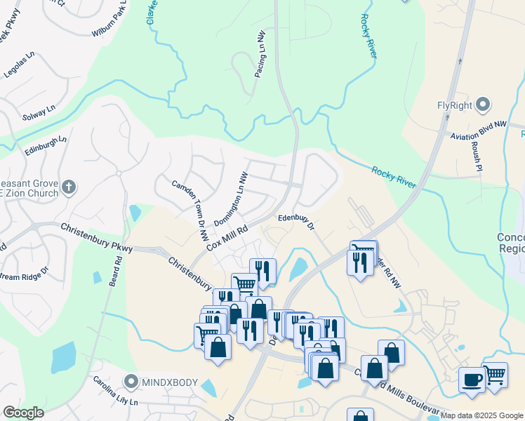 map of restaurants, bars, coffee shops, grocery stores, and more near 2239 Eversham Drive Northwest in Concord