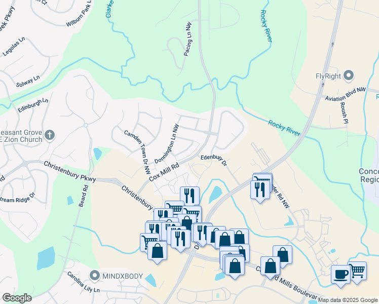 map of restaurants, bars, coffee shops, grocery stores, and more near 2258 Eversham Drive Northwest in Concord