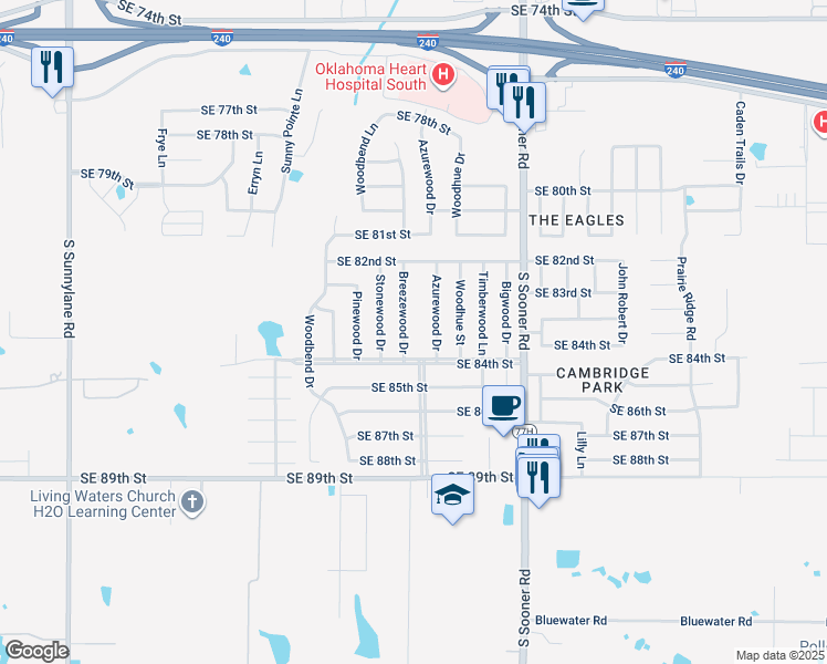 map of restaurants, bars, coffee shops, grocery stores, and more near 8416 Breezewood Drive in Oklahoma City
