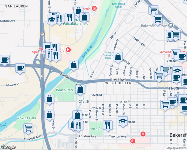 map of restaurants, bars, coffee shops, grocery stores, and more near 2412 Elm Street in Bakersfield