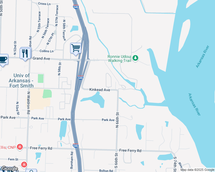 map of restaurants, bars, coffee shops, grocery stores, and more near 65 Jeffrey Way in Fort Smith