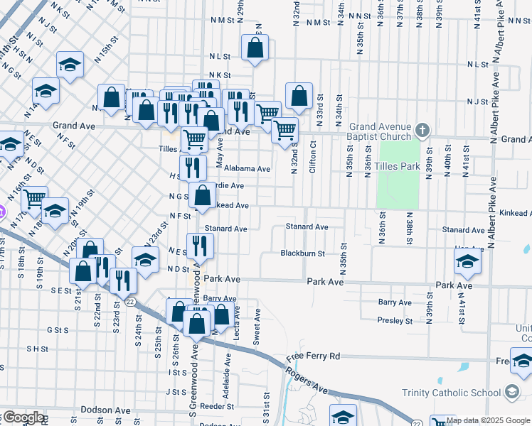 map of restaurants, bars, coffee shops, grocery stores, and more near 622 North 30th Street in Fort Smith