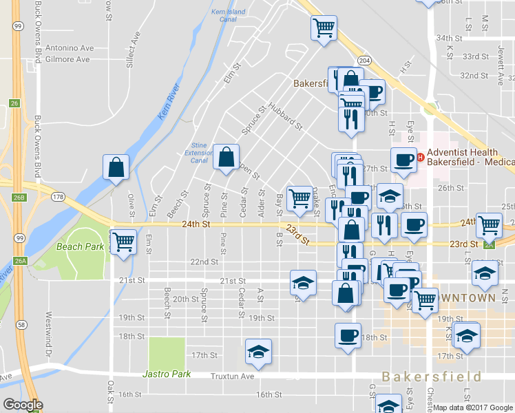 map of restaurants, bars, coffee shops, grocery stores, and more near 2421 Alder Street in Bakersfield