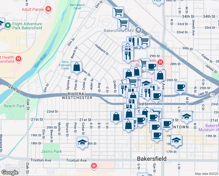 map of restaurants, bars, coffee shops, grocery stores, and more near 2420 C Street in Bakersfield