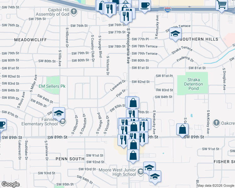 map of restaurants, bars, coffee shops, grocery stores, and more near 2129 Flair Drive in Oklahoma City