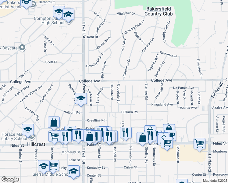 map of restaurants, bars, coffee shops, grocery stores, and more near 3121 Caliente Street in Bakersfield