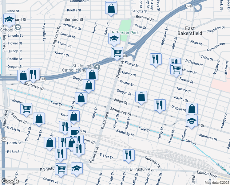 map of restaurants, bars, coffee shops, grocery stores, and more near 1319 Beale Avenue in Bakersfield