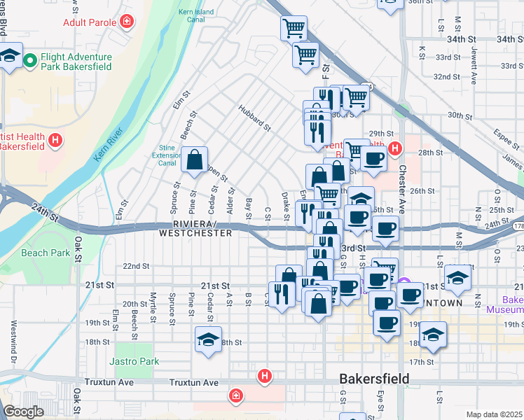 map of restaurants, bars, coffee shops, grocery stores, and more near 2421 C Street in Bakersfield