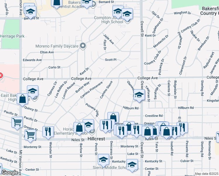 map of restaurants, bars, coffee shops, grocery stores, and more near 1761 Camino Sierra in Bakersfield