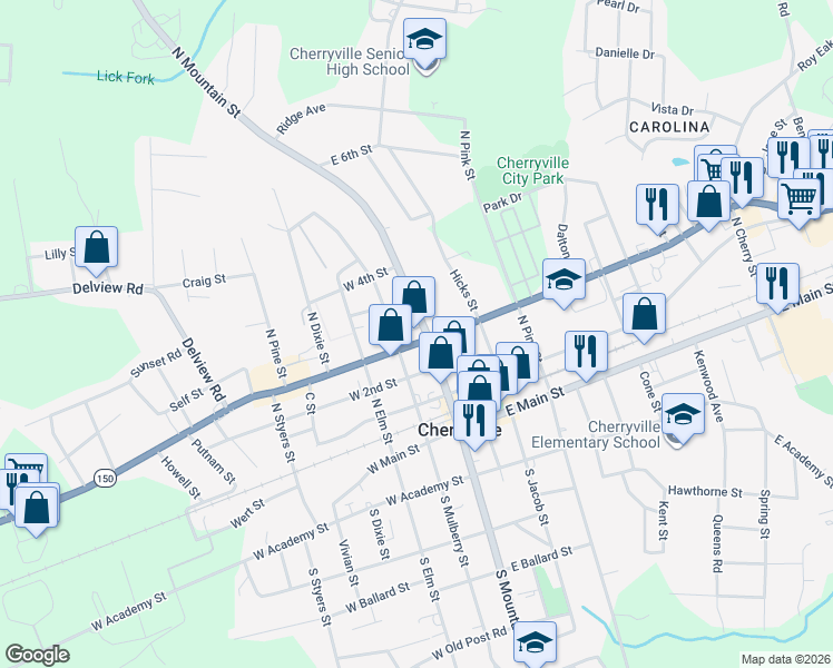 map of restaurants, bars, coffee shops, grocery stores, and more near 100 East Church Street in Shelby