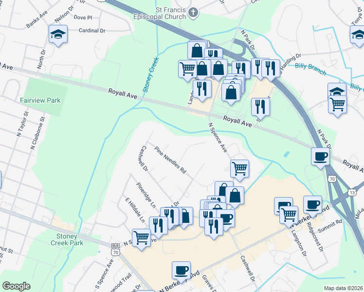 map of restaurants, bars, coffee shops, grocery stores, and more near 607 Brookwood Lane in Goldsboro