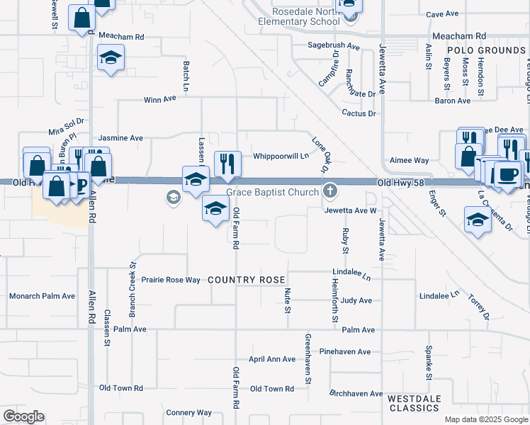 map of restaurants, bars, coffee shops, grocery stores, and more near 11906 Handel Avenue in Bakersfield