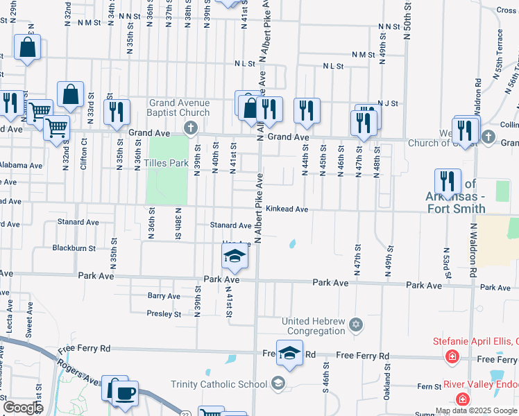 map of restaurants, bars, coffee shops, grocery stores, and more near 4201 Kinkead Avenue in Fort Smith