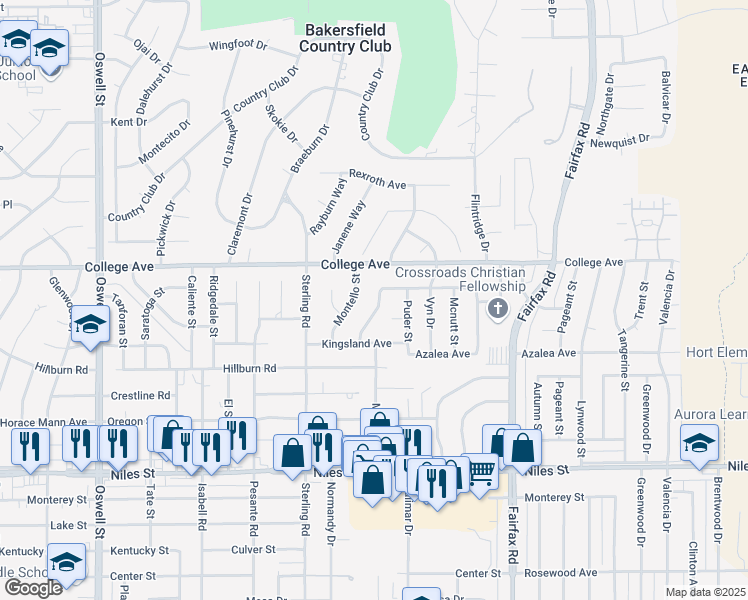 map of restaurants, bars, coffee shops, grocery stores, and more near 2708 Fountain Drive in Bakersfield