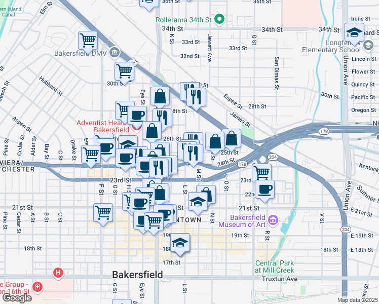 map of restaurants, bars, coffee shops, grocery stores, and more near 2500 L St in Bakersfield